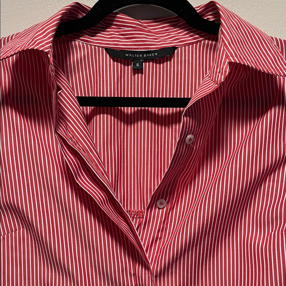 WALTER BAKER Red White Striped Button-Down Short Sleeve Blouse, Ruffle, Size S - Picture 4 of 12